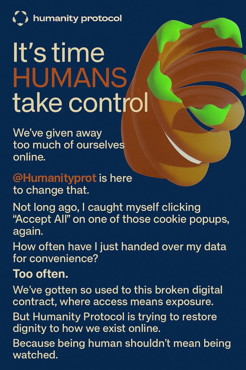cryprah's tweet image. We’ve given away too much of ourselves online.
@Humanityprot is here to change that—and it couldn’t have come at a better time.

🔍 It hit me the other day.
I clicked “Accept All” on yet another cookie popup without thinking.
No hesitation. No reading. No control. Just autopilot.…