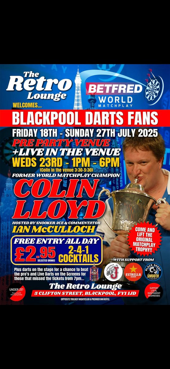 Come and say hi and throw a few darts at The Retro Lounge in Blackpool 23rd July. A fun afternoon with cheap drink prices before the Matchplay 🦈🎯