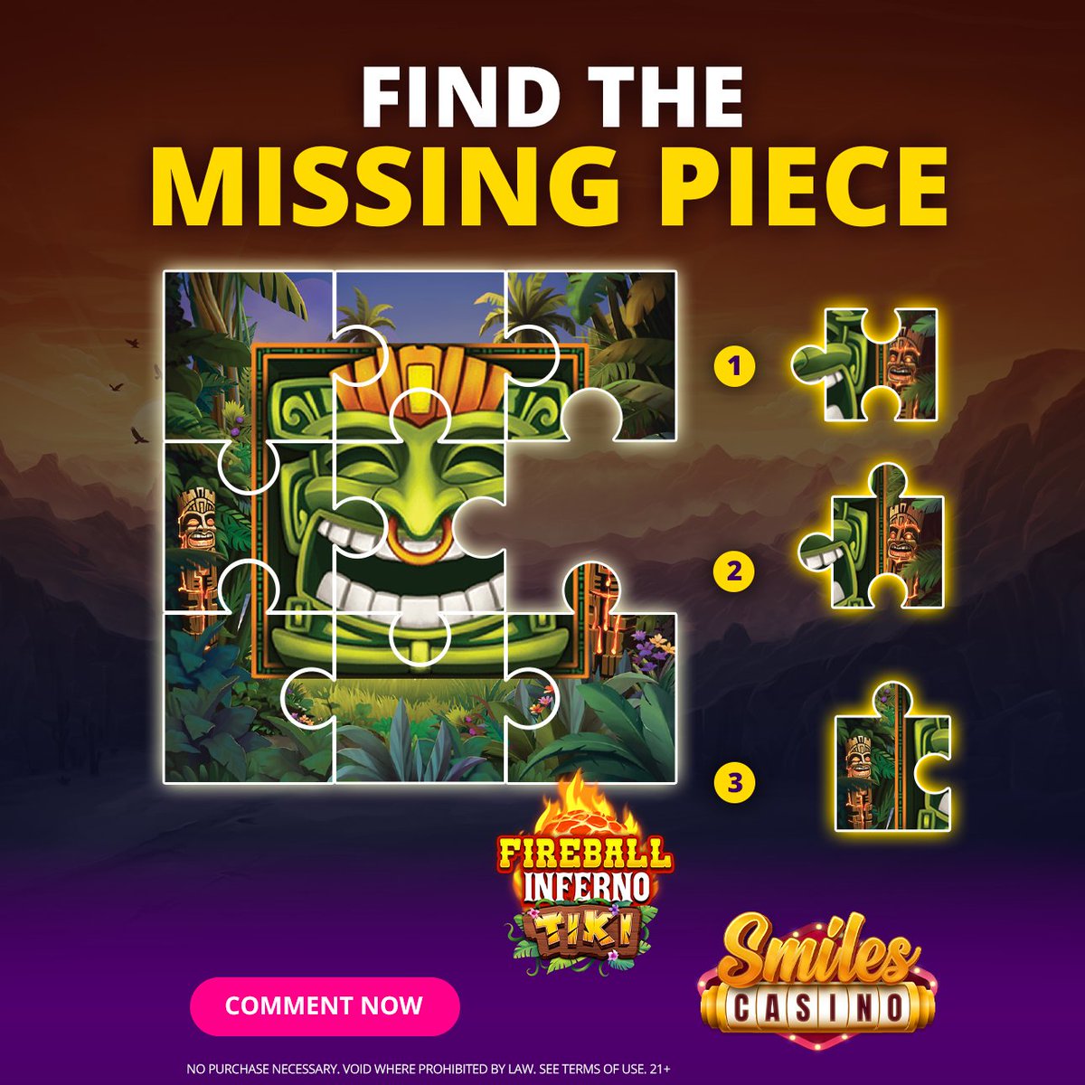 SmilesCasino's tweet photo. Smiles Challenge: Can You Find the Missing Piece? ๐งฉ
One puzzle piece is missingโฆ but which one fits perfectly? ๐
Is it piece 1, 2, or 3?
Drop your answer in the comments! ๐
Play Fireball Inferno Tiki now at https://t.co/2191kJJ97R!
#SmilesChallenge #SmilesCasino https://t.co/fzExg5Dplr