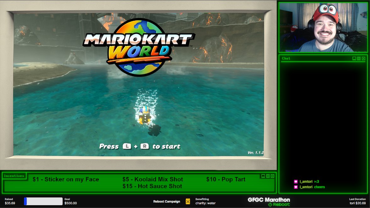 GFGCOfficial's tweet photo. Our next segment at #GFGC Marathon: Reboot kicks off now! Join @Jardanium and @nepdeco for some Mario Kart World action! 🏁
Donate to @charitywater to cover Jared's face in stickers and even make him take shots of hot sauce! https://t.co/en6ZwP0DER