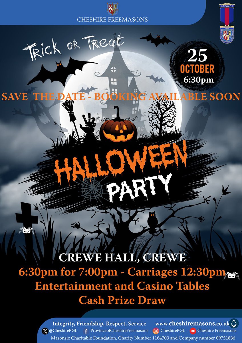 CheshirePGL's tweet photo. #FestivalFriday
Get ready for the Cheshire 2027 Festival Appeal Halloween Party, it's going to be an absolute cracker!
25th October
Crewe Hall, Crewe
6:30pm for 7:00pm | Carriages at 12:30am
Expect:
Casino Tables
Entertainment
Cash Prize Draw
…and a spine-tingling night to remember!
Booking opens next week, make sure you’re ready!
This will sell out faster than you can say Trick or Treat!
#Freemasons
#Cheshirefreemasons