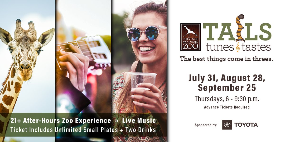 CheyenneMtnZoo's tweet image. Bring your dancing shoes and a hearty appetite to Tails, Tunes & Tastes! Advance tickets are required and can be purchased at cmzoo.org/tails.
Join us for an adults-only (21+) evening of sips, bites and scenic views on the side of the mountain. Local musicians will set…