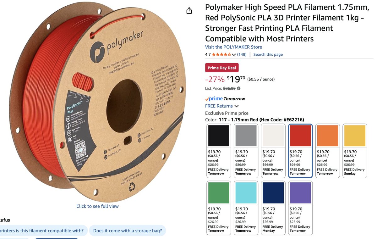 Bryan_Vines's tweet image. I haven't been paying close attention to the Prime Day deals on Amazon, but the @Polymaker_3D PolySonic filament is cheaper than usual. Plus the PolySonic Red is my favorite red. It's like SUPER red.
And yes, this is an affiliate link. amzn.to/4eKNxvb