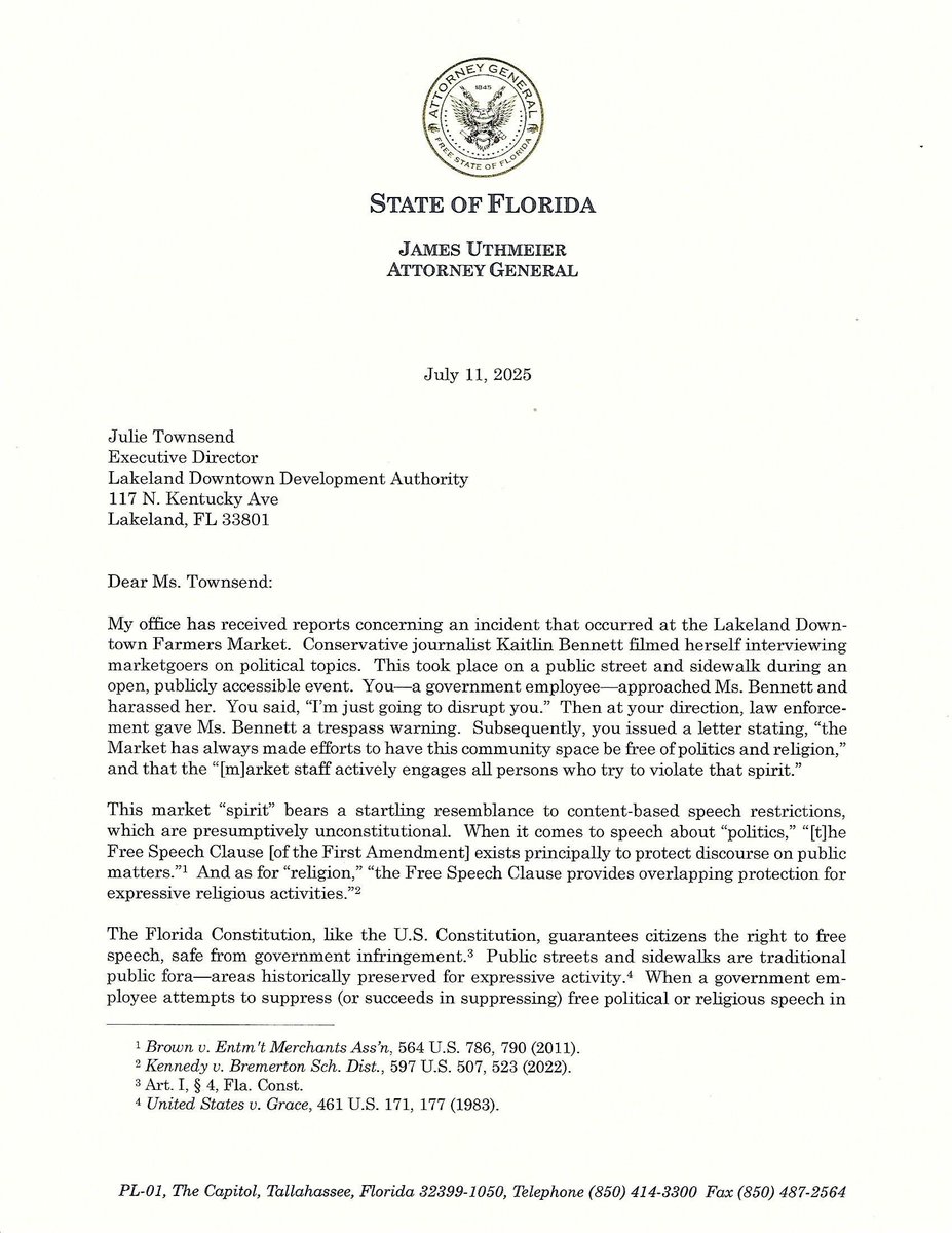 AGJamesUthmeier's tweet image. When a government employee suppresses political or religious speech in a traditional public forum, it undermines basic constitutional rights we all share.
In this case, Executive Director Julie Townsend of the Lakeland Downtown Development Authority shut down a conservative…
