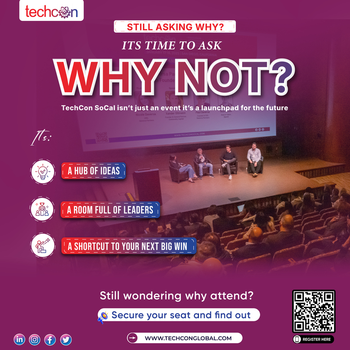❓Still asking why?
Maybe the question is: Why not?

TechCon SoCal 2026 is:
💡 A hub of bold ideas
👤 A room of visionaries
🚀 A shortcut to your next breakthrough

#TechConSoCal2026 #WhyNotNow #BoldIdeas #NextBigWin #InnovationUnleashed