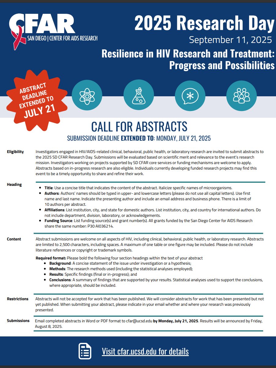 CHIPTS's tweet image. Abstract submission deadline has been extended for the @SDCFAR Research Day taking place on Thursday, September 11, 2025, in San Diego. The abstract submission deadline is on Monday, July 21, 2025. Learn more about the Research Day and how to submit an abstract:…
