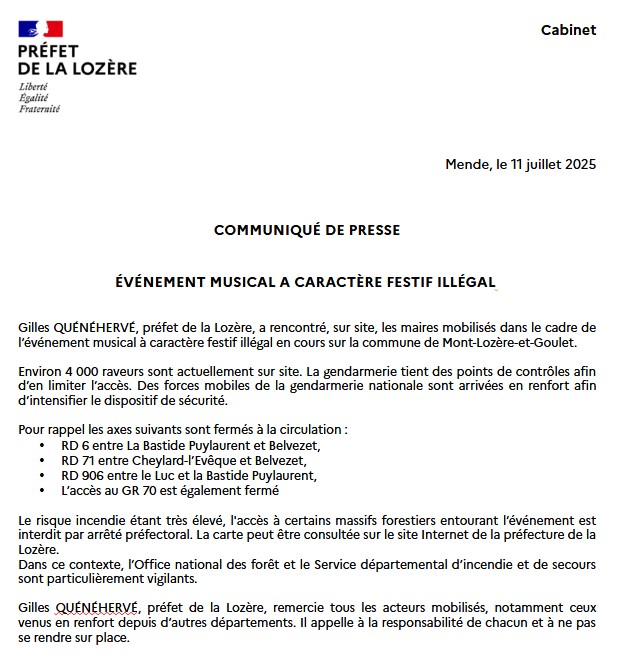 Prefet_48's tweet image. Gilles QUÉNÉHERVÉ, préfet de la Lozère, a rencontré, sur site, les maires mobilisés dans le cadre de l’événement musical à caractère festif illégal en cours sur la commune de Mont-Lozère-et-Goulet.
Environ4 000 raveurssont actuellement sur site. La gendarmerie tient des points…