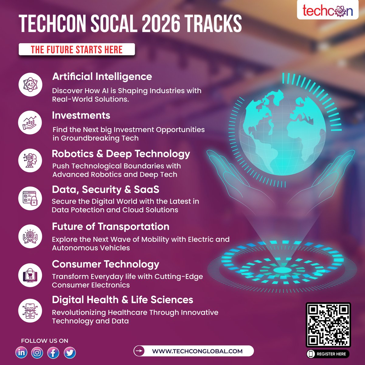 🚀 Tracks at #TechConSoCal2026!

• AI &amp; Automation
• Robotics &amp; Deep Innovation
• SaaS &amp; Security
• Future of Mobility
• Digital Health
• Consumer Shifts
• Investment + Strategy

The future isn’t waiting. It’s already in motion.

#InnovationTracks #AIandBeyond