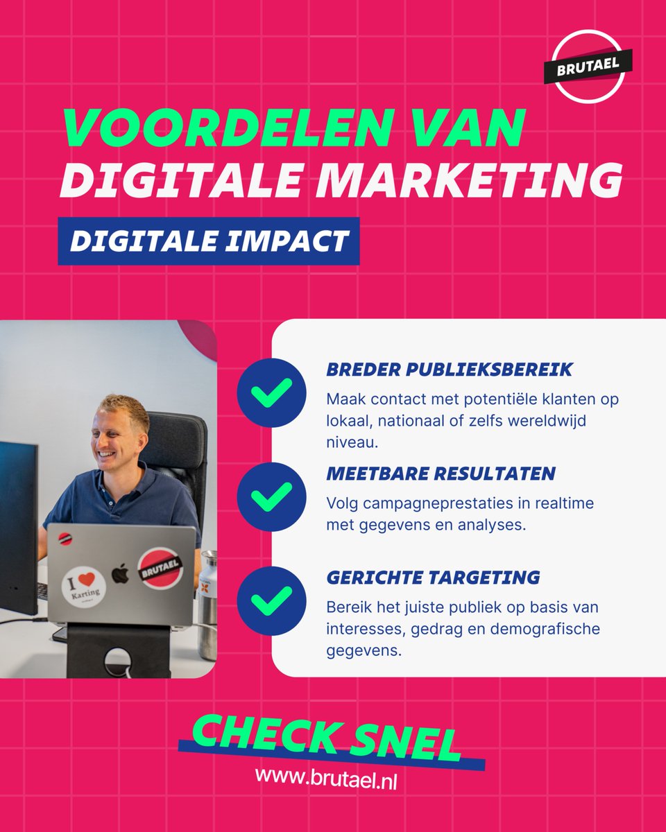 Digitale marketing werkt. Maar alleen als je weet waar je mee bezig bent. Wij zorgen dat je niet zomaar “iets online” doet, maar dat je campagnes echt impact maken, meetbaar, gericht en doelbewust.

Check snel 👉 brutael.nl