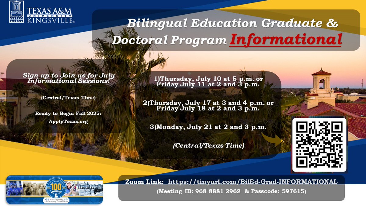 NGuzmanPhD's tweet image. Join our Informational Sessions and apply for for Fall 2025!
🎯 1) Friday July 11 at 2 and 3 p.m.
📌 2)Thursday, July 17 at 3 and 4 p.m. or Friday July 18 at 2 and 3 p.m.
📍 3)Monday, July 21 at 2 and 3 p.m. (CT)
Interest: tinyurl.com/Doctoral-Inter…
Zoom: tinyurl.com/BilEd-Grad-INF…
