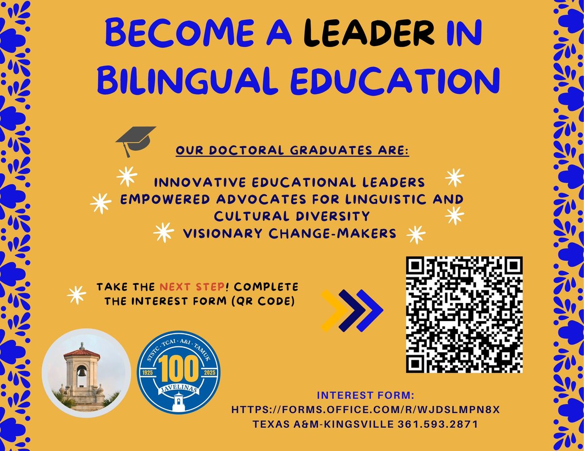 NGuzmanPhD's tweet image. Join our Informational Sessions and apply for for Fall 2025!
🎯 1) Friday July 11 at 2 and 3 p.m.
📌 2)Thursday, July 17 at 3 and 4 p.m. or Friday July 18 at 2 and 3 p.m.
📍 3)Monday, July 21 at 2 and 3 p.m. (CT)
Interest: tinyurl.com/Doctoral-Inter…
Zoom: tinyurl.com/BilEd-Grad-INF…
