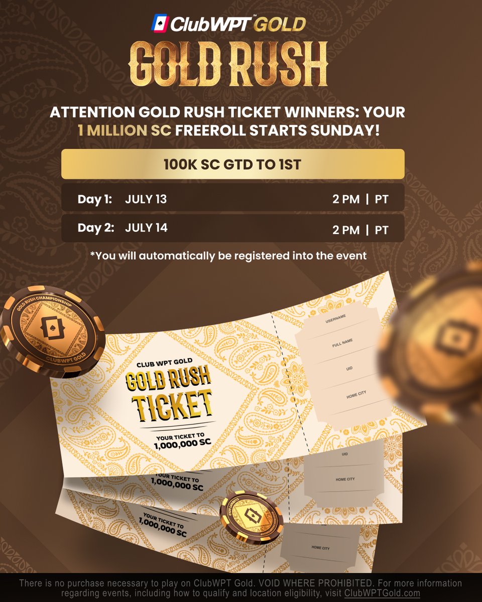 💰1,000,000 SC GOLD RUSH TICKET WINNERS 💰

Your freeroll starts Sunday🚨
Full details👇