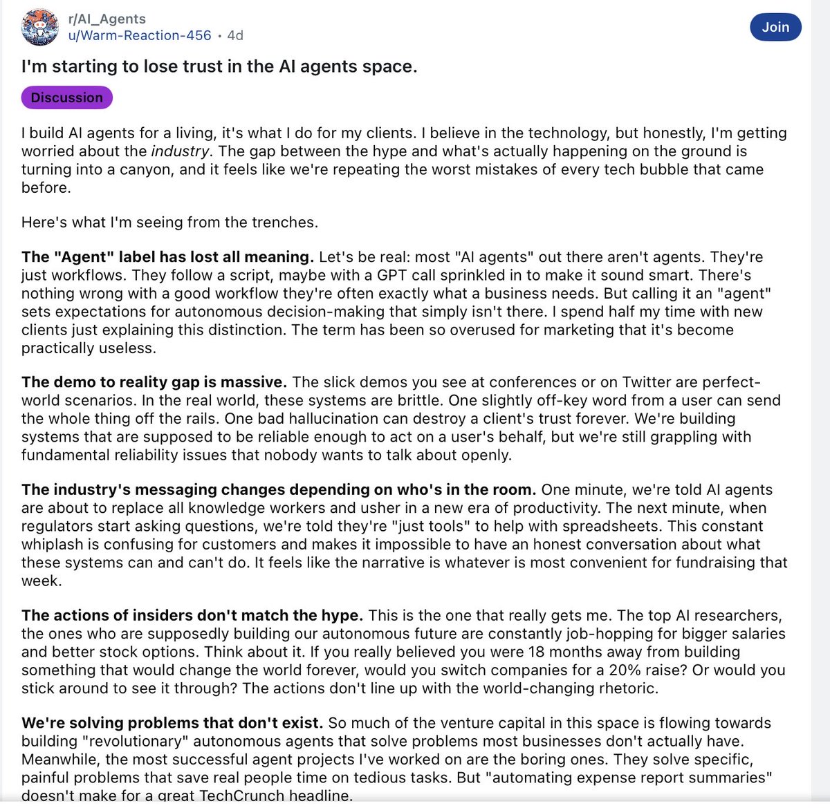 Gary Marcus (@garymarcus) on Twitter photo The glorious Age of AI Agents that people like <a href="/sama/">Sam Altman</a> and <a href="/DarioAmodei/">Dario Amodei</a> promised is … turning out be a bust.
All of this was entirely predictable.
Shame on anyone who believed them. The glorious Age of AI Agents that people like <a href="/sama/">Sam Altman</a> and <a href="/DarioAmodei/">Dario Amodei</a> promised is … turning out be a bust.
All of this was entirely predictable.
Shame on anyone who believed them.