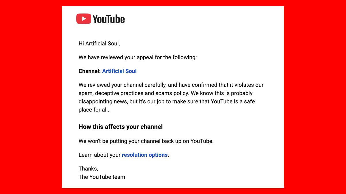 SmileySmilik's tweet photo. Recently @TeamYouTube's AI system terminated my 100% original channel for a false "SPAM" violation - without any clear reason. My appeal was rejected in just 5 minutes, clearly by a bot. One AI mistake, and everything is gone. No human review. No explanation. Just termination. https://t.co/A4pz0olHoE