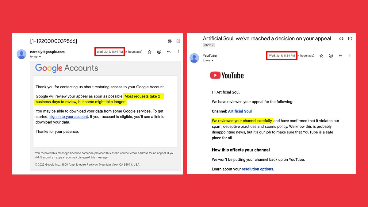 SmileySmilik's tweet photo. Recently @TeamYouTube's AI system terminated my 100% original channel for a false "SPAM" violation - without any clear reason. My appeal was rejected in just 5 minutes, clearly by a bot. One AI mistake, and everything is gone. No human review. No explanation. Just termination. https://t.co/A4pz0olHoE