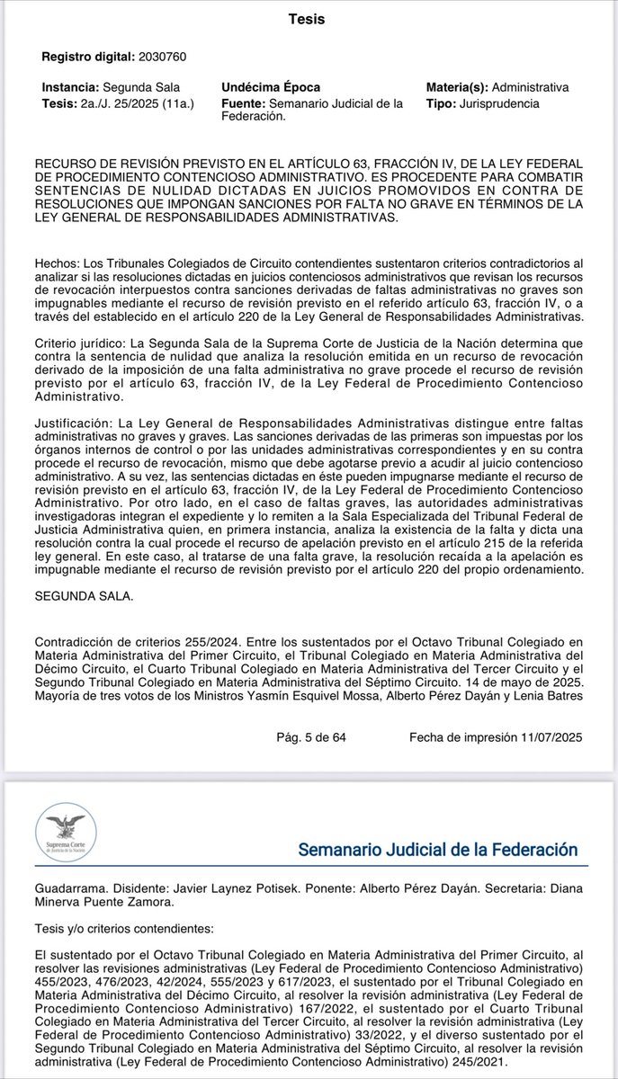 ⚖️ comparto la #Jurisprudencia en la que Segunda Sala de la #SCJN establece procede el recurso de #revisión (art. 63, frac. IV, LFPA) contra sentencias que anulan sanciones por #faltasnograves conforme a la #LGRA, sin agotar #recursoderevocación.
#ResponsabilidadesAdministrativas