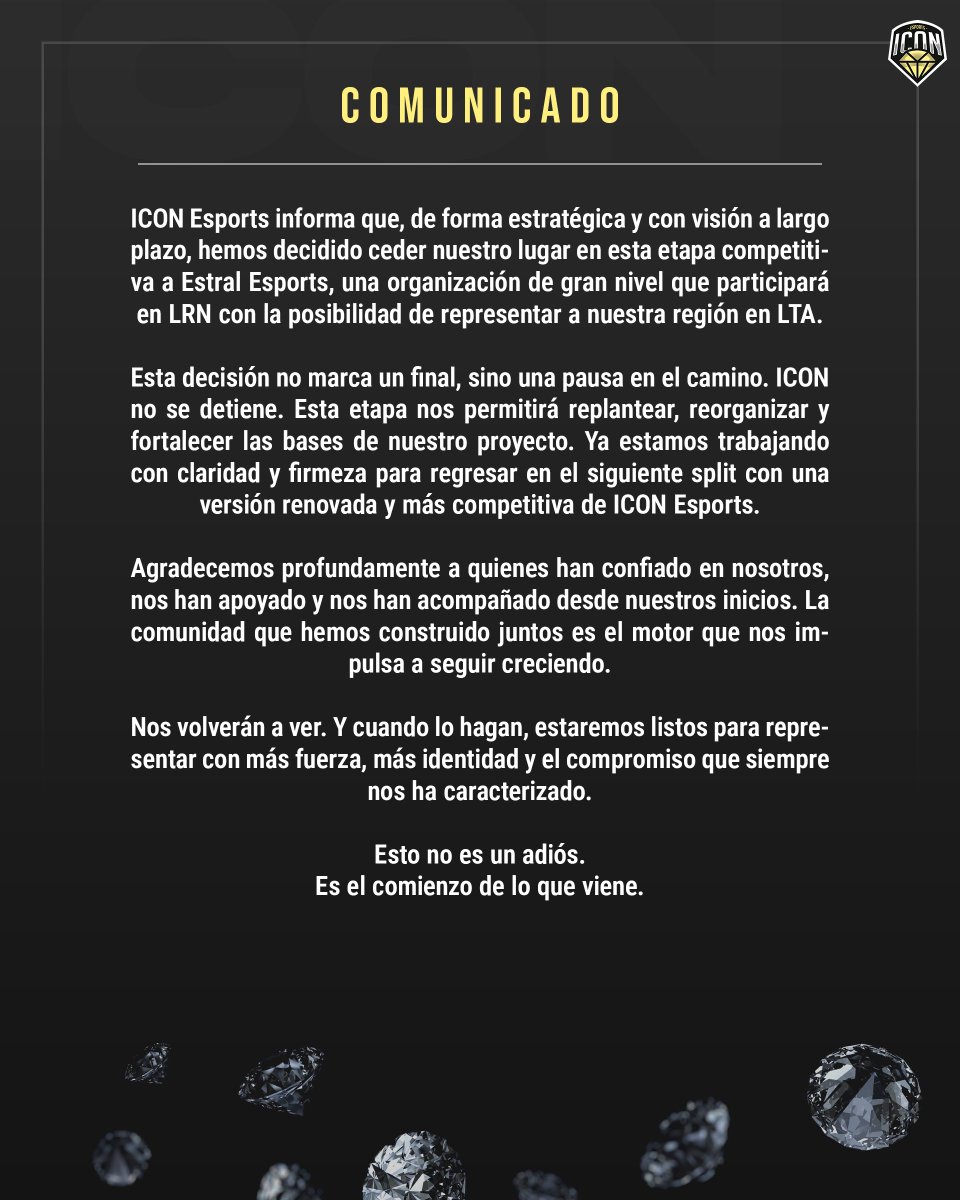 IconEsportsMX's tweet photo. Comunicado sobre nuestra participación en LRN

Le deseamos el mejor de los éxitos a @EstralEsports__   

#WESHINE https://t.co/9EkJCDZ6BP