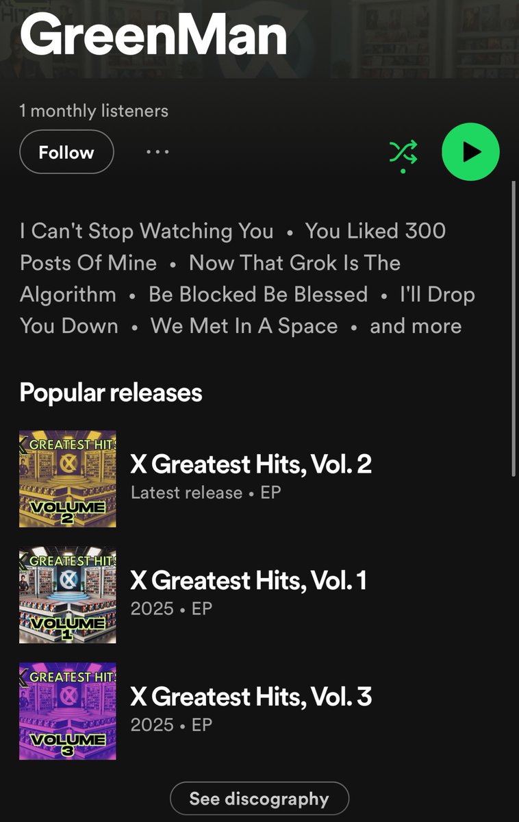 GreenManReports's tweet image. Now live on ITunes and Spotify:
𝕏 Greatest Hits Albums Vol. 1, 2, and 3!
(Links in bio ☝️)