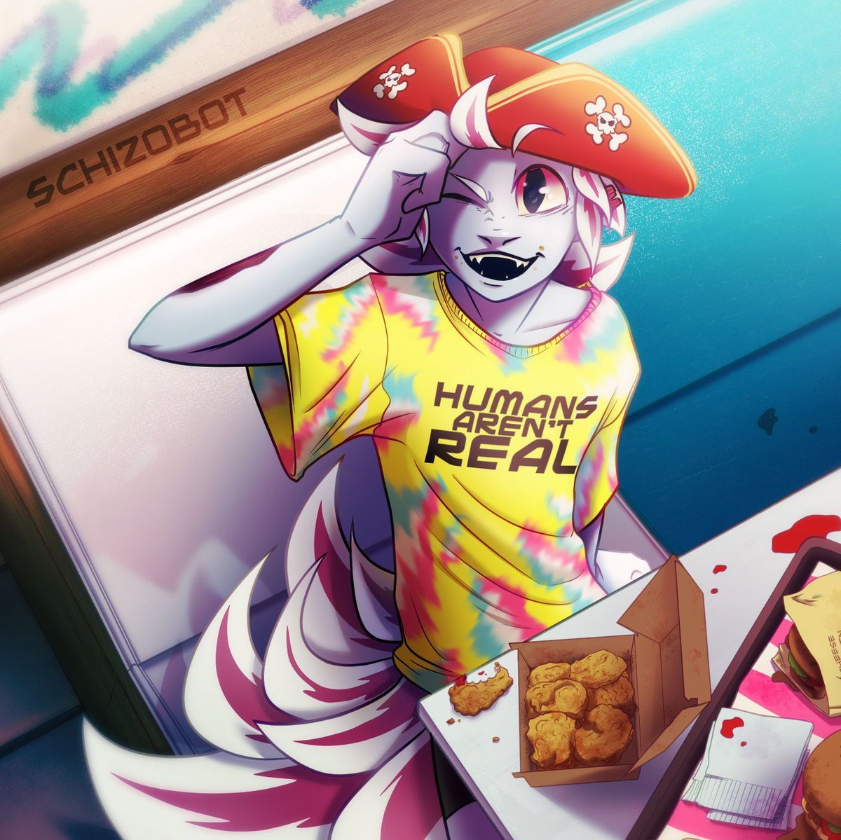 Schizobot's tweet image. Vittore posted up at the Captain’s Table (aka any table he is at).🍔🛸 
~~~~~~~~~~~~~~~
#DigitalArt #OCArt #AlienBoy #Vittore #HumansArentReal #GremlinAtLunch