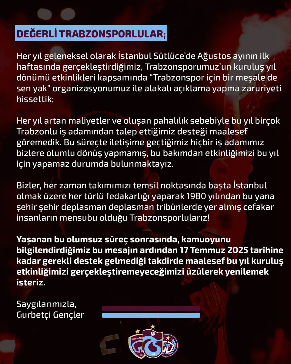 Değerli Trabzonspor camiasına.. 

#GurbetçiGençler