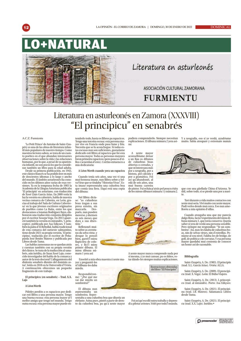 DesdeTuma's tweet image. 🔵 @Furmientu, en el espacio de @opiniondezamora dedicado a la literatura en asturleonés, habla sobre «El Principicu». Recordaos que esta edición sigue la gramática establecida para el senabrés por esta asociación cultural y la ortografía de la @ALLA_ast.