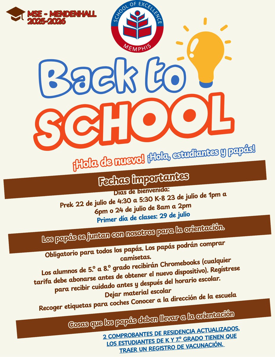 MSEMendenhall's tweet photo. 🎉 Back to School at MSE Mendenhall! 🎉 Orientation is coming soon and is mandatory for all parents. 

Please see flyers for more details! 🦅 https://t.co/iMRVjY8GCx