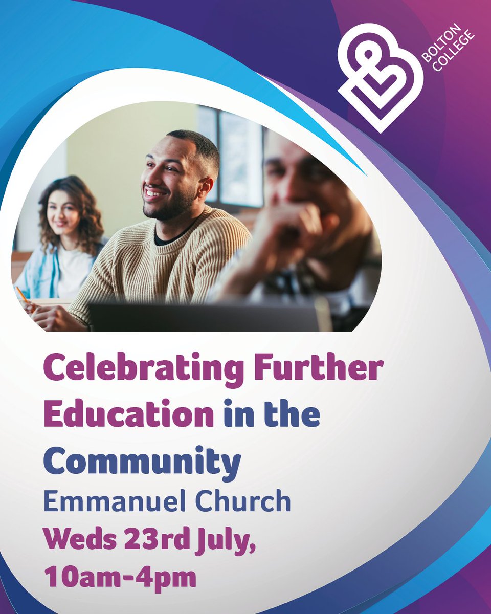 Bolton College (@boltoncollege) on Twitter photo 🎉 Something exciting’s happening in Bolton!
Join us at Emmanuel Church on Wed 23 July, 10am–4pm, for a free community event with taster activities, adult course info, local orgs, Q&As, networking & more – plus free lunch!
📍BL3 5LE
📩Questions? Email claire.oldham@boltoncc.ac.uk 🎉 Something exciting’s happening in Bolton!
Join us at Emmanuel Church on Wed 23 July, 10am–4pm, for a free community event with taster activities, adult course info, local orgs, Q&As, networking & more – plus free lunch!
📍BL3 5LE
📩Questions? Email claire.oldham@boltoncc.ac.uk