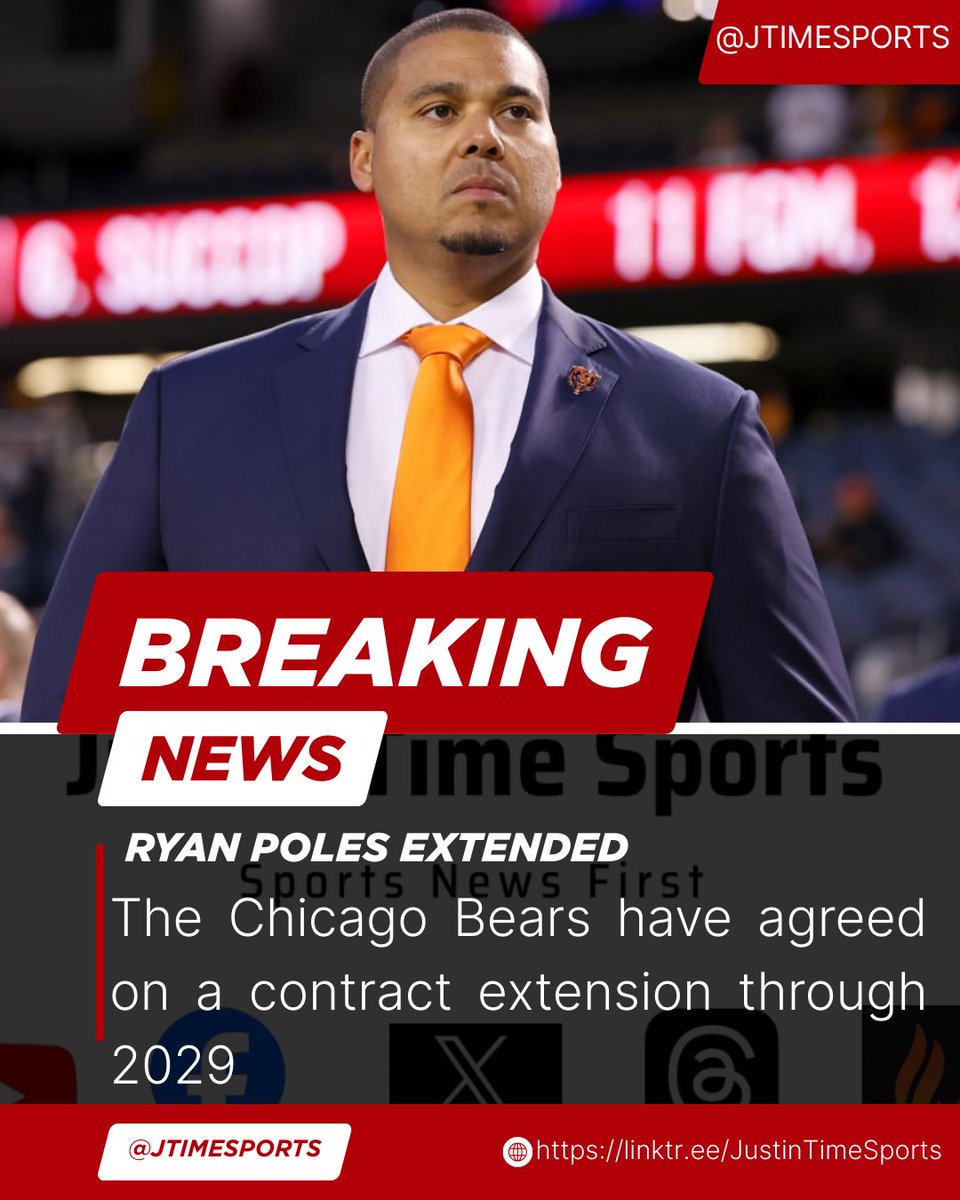 BREAKING: The Chicago Bears have agreed on a contract extension through 2029 with GM Ryan Poles matching contract years with Head Coach Ben Johnson. #NFL