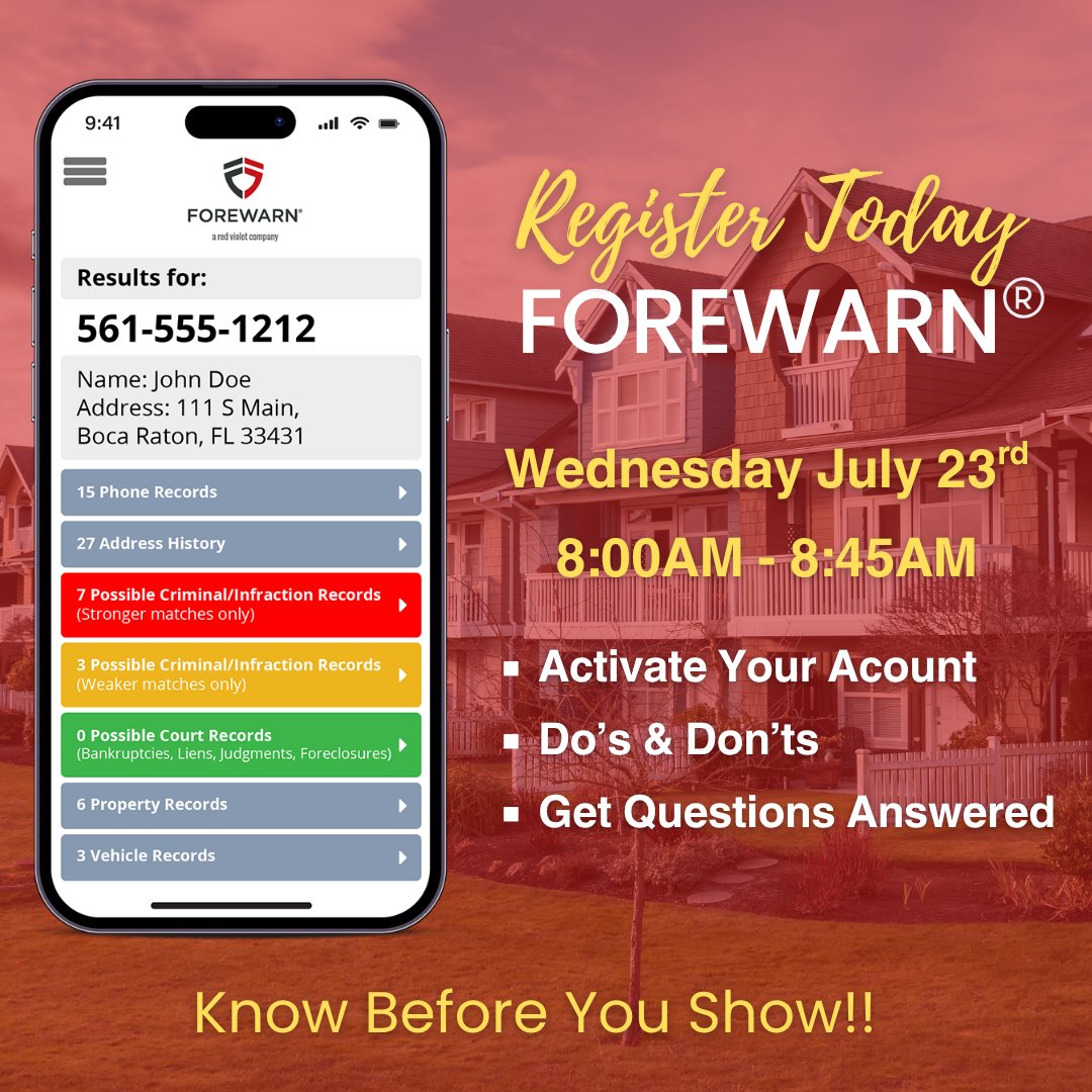 hicentralmls's tweet photo. Don't miss the opportunity to attend this class!  

Forewarn, an identity verification and risk assessment program aids in agent safety &amp; helps identify unknown potential clients.  

To register, go to the link in bio.  Choose Forewarn &amp; scroll until you see Training Schedule. https://t.co/FW4U123C7D