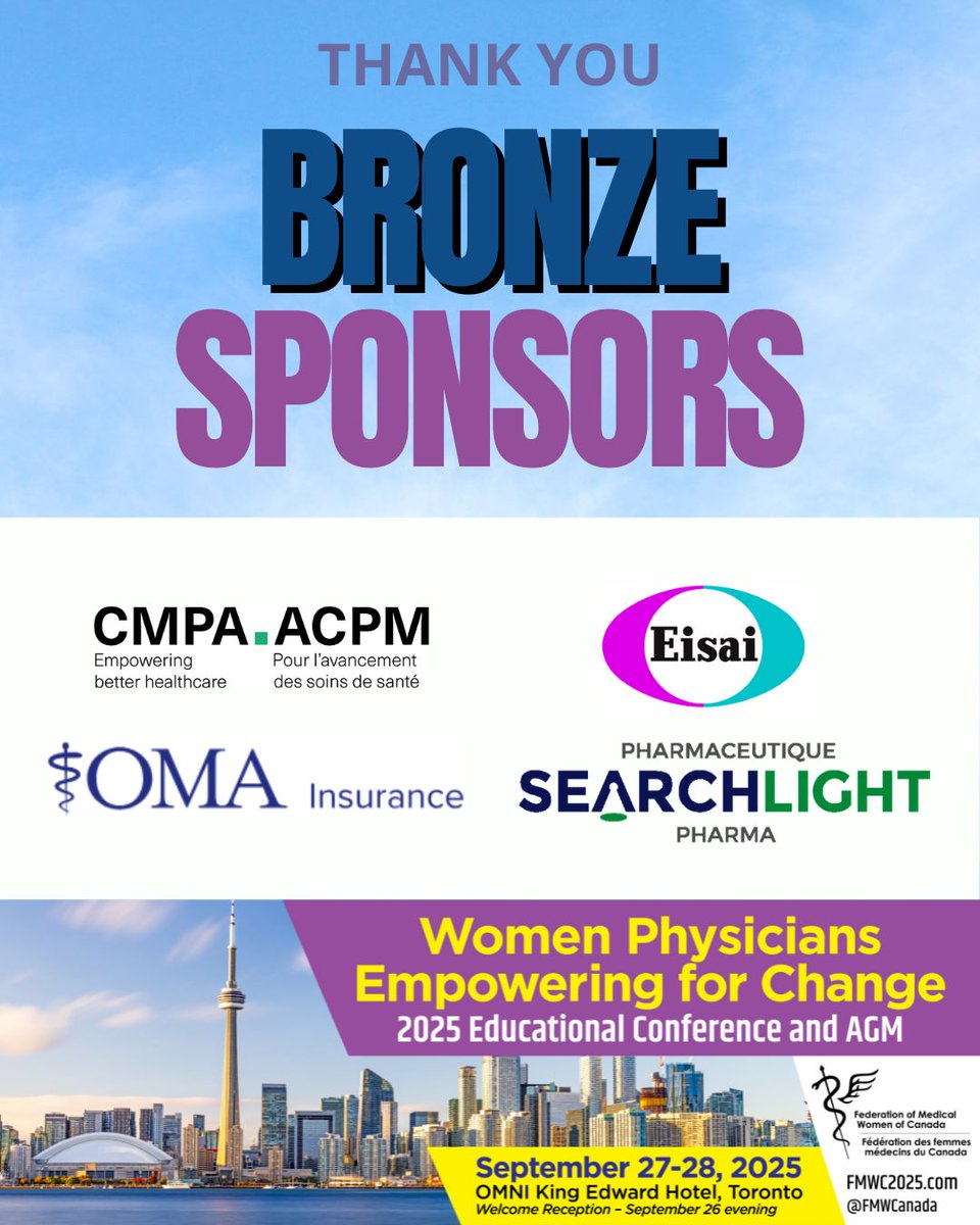 FMWCanada (@fmwcanada) on Twitter photo Weโre proud to recognize our BRONZE SPONSORS: <a href="/CMPAmembers/">Canadian Medical Protective Association</a>, <a href="/Eisai_SDGs/">Eisai Global</a>, <a href="/OntariosDoctors/">Ontario Medical Association</a>, and Searchlight Pharma, for supporting the Women Physicians Empowering for Change Conference & AGM!
Their partnership helps champion #WomenInMedicine & drive meaningful change.
#FMWC2025 Weโre proud to recognize our BRONZE SPONSORS: <a href="/CMPAmembers/">Canadian Medical Protective Association</a>, <a href="/Eisai_SDGs/">Eisai Global</a>, <a href="/OntariosDoctors/">Ontario Medical Association</a>, and Searchlight Pharma, for supporting the Women Physicians Empowering for Change Conference & AGM!
Their partnership helps champion #WomenInMedicine & drive meaningful change.
#FMWC2025