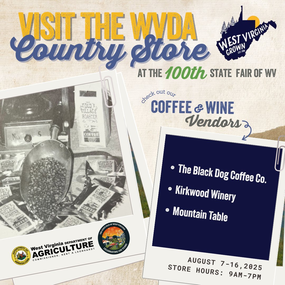 Who's going to the State Fair of WV? These #WVGrown coffee and wine companies will be there sampling and selling their brews and vino at the WV Country Store in the Gus R. Douglass Annex, Aug. 7-16. Stop by to taste, talk and shop!