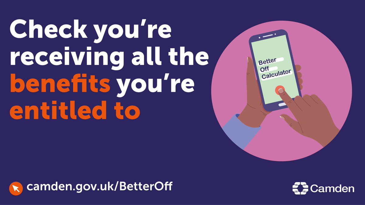 CamdenCouncil's tweet image. Do you know if you're receiving all the benefits you’re entitled to?
If you're not sure, check today using our Better Off Calculator, which can also give you tips to manage your budget 🙂
Find out more 👉 camden.gov.uk/BetterOff