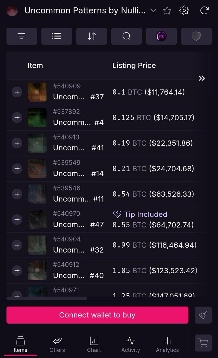 Ordinals trivia:

Q: What is the first art collection fully inscribed on Uncommon Sats?

A: Uncommon Patterns by <a href="/null_ish/">Nullish</a>

Congrats to the buyer of Uncommon Pattern #39 - who recently stole this for 0.0395 BTC.

Only 50 of these Rare Sat rooted Art on Bitcoin grails exist. 💎