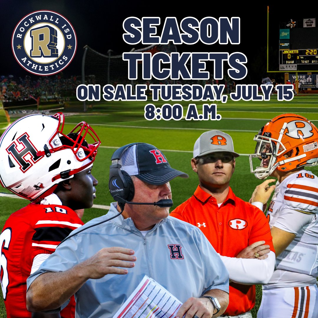 GET IN THE GAME‼️
Rockwall Yellowjacket &amp; Rockwall-Heath Hawk season tickets go on sale Tue, July 15 @ 8 AM ⏰
Don’t miss the Friday &amp; Thursday night lights! Secure your seat &amp; catch every play 🐝🦅
🎟️ rockwallisd.com/athletics1/onl…

#JFND #SouthSideTough