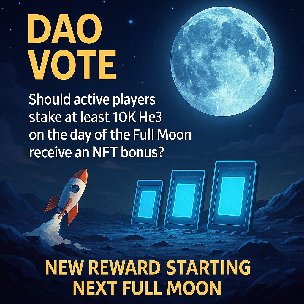 moonmininghe3's tweet photo. 🌕 New DAO Law Passed! 🌕 @WAX_io
Starting next Full Moon, players who stake at least 10K He3 in the Bank will receive a special NFT bonus! 🎁
Stake power = lunar honor. 🌙
The High Lunar Council has spoken.
#MMHe3 #DAO #He3 #NFTRewards #wax https://t.co/5GYw7f4gL8