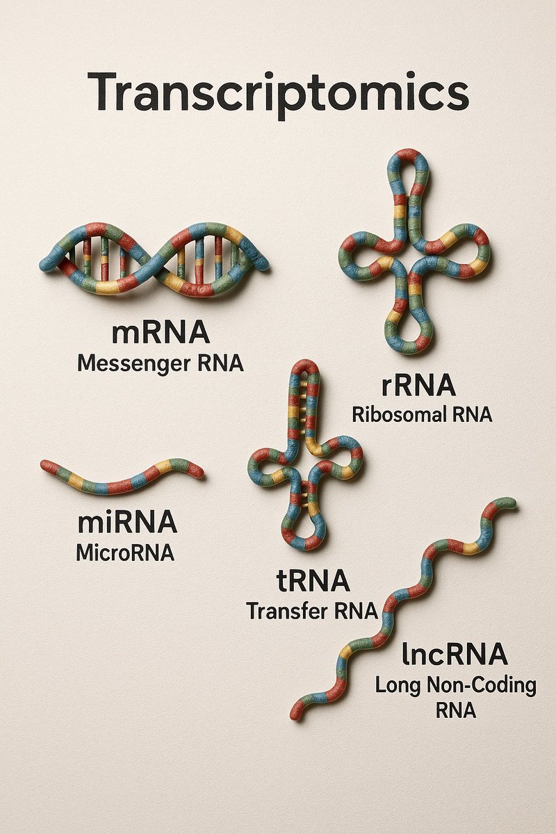 ما هو Transcriptomics؟
علم Transcriptomics هو فرع من البيولوجيا الجزيئية يدرس كل جزيئات RNA التي تُنتجها الخلية في وقت وظروف محددة.
يشمل ذلك:
•mRNA = Messenger RNA (الحمض النووي الريبي المرسول)
•rRNA = Ribosomal RNA (الحمض النووي الريبي الرايبوسومي)
•tRNA = Transfer RNA (الحمض