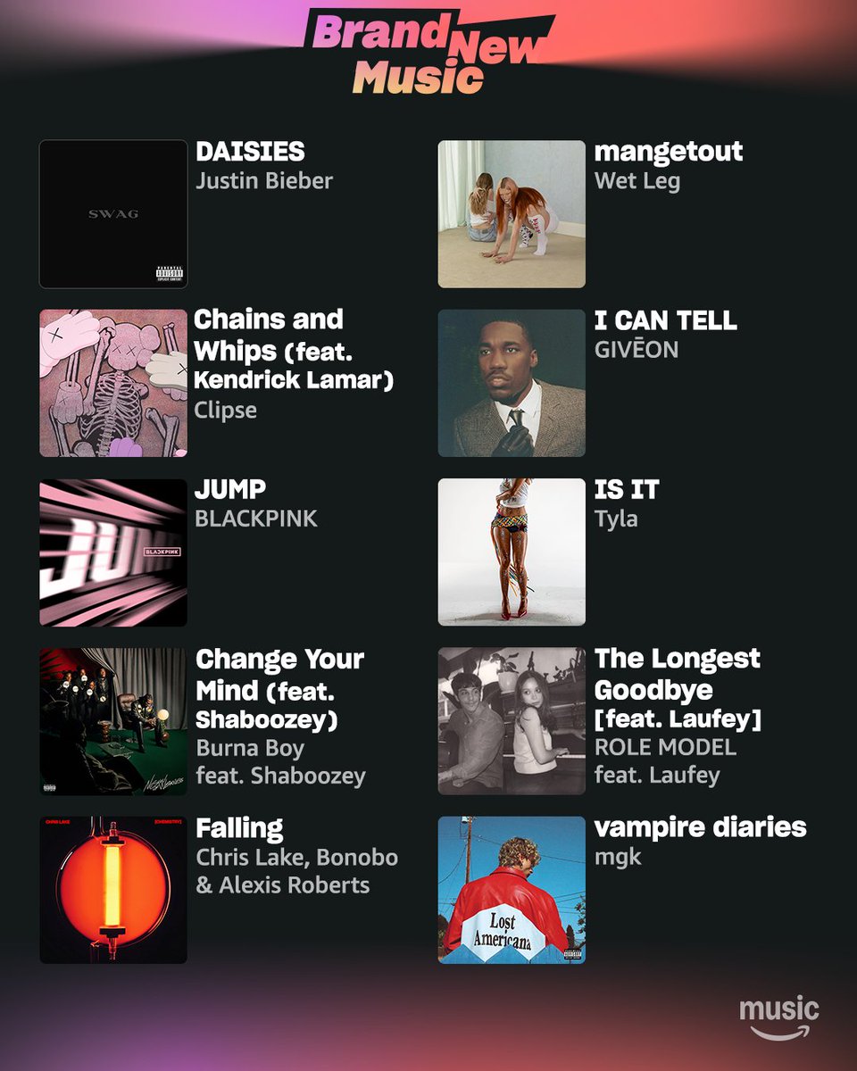 amazonmusic's tweet image. we're halfway thru the year and the hits just keep coming! 🥳 new drops from @BLACKPINK, @Tyllaaaaaaa, @clipse, @machinegunkelly, and more are available now on Amazon Music!
🎶: amzn.to/BrandNewMusic