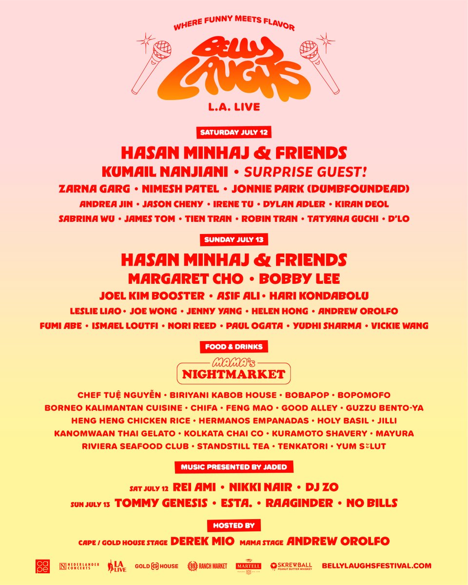 peacock_theater's tweet image. THIS WEEKEND ONLY!! Where Funny Meets Flavor🤩
Belly Laughs Festival is taking over Peacock Theater at L.A. LIVE and you are not going to want to miss out on this. Catch the biggest weekend in Asian American comedy.🍡🥠🍥🥟🍣🍜
🎟️Get your tickets before it's too late.…