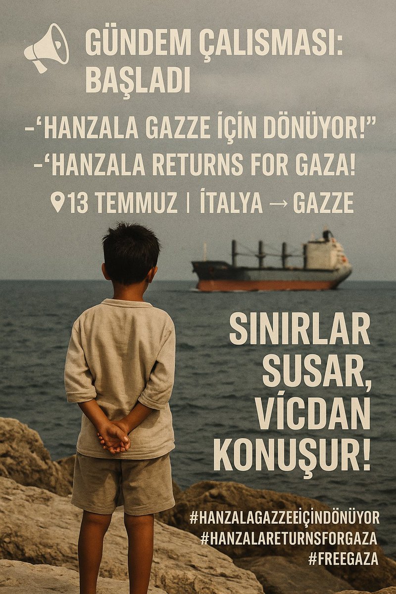 "📢 GÜNDEM ÇALIŞMASI: BAŞLADI!   

Hem Türkçe hem İngilizce etiket ile 

🚢 “Hanzala Gazze için dönüyor!” 
🚢  " #HanzalaReturnsForGaza"

Destek olmak vicdan borcudur!