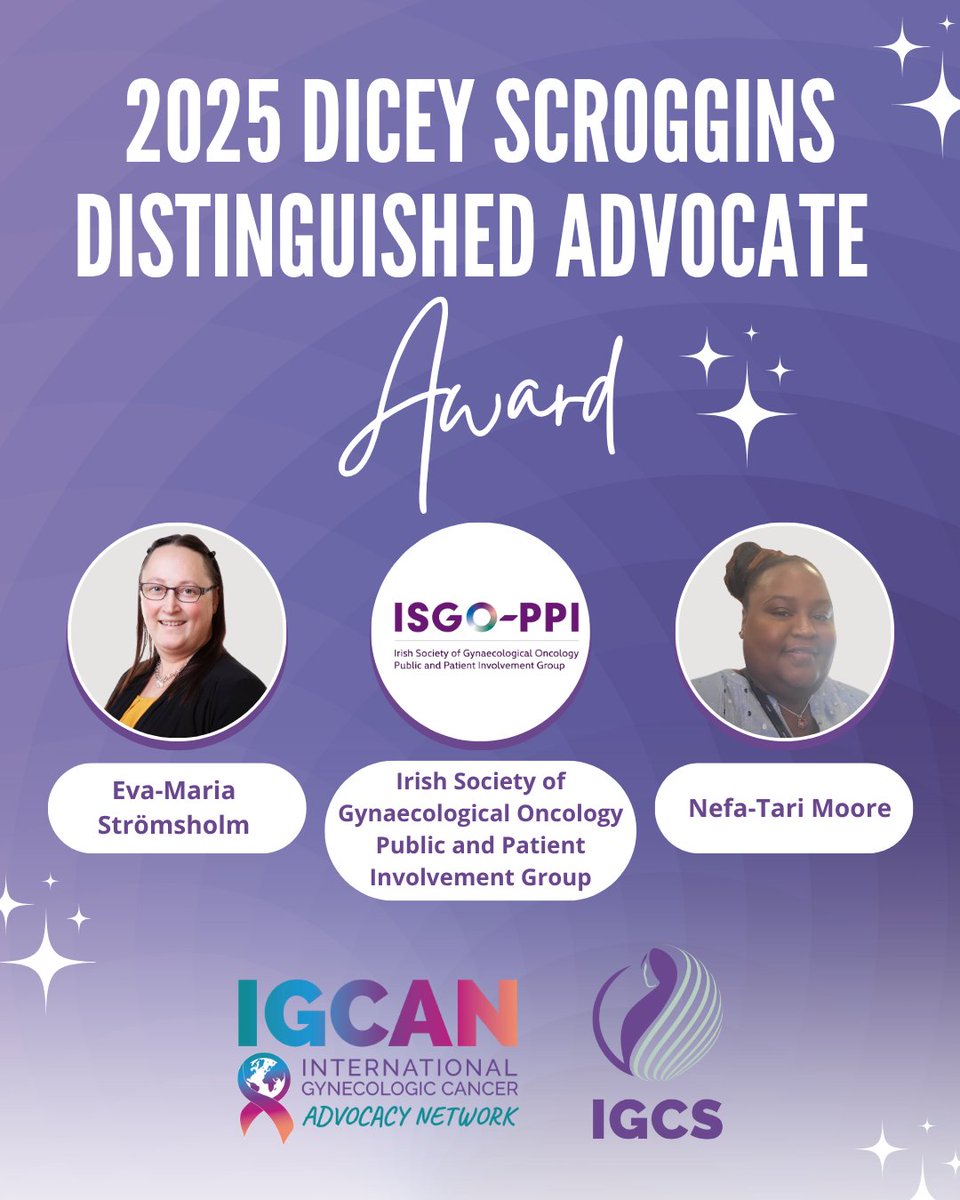 IGCSociety's tweet image. Announcing the 2025 Recipients of the Dicey Scroggins Distinguished Advocate Award
The IGCAN and IGCS are honored to recognize three extraordinary leaders whose work is transforming gynecologic cancer advocacy around the world:
💜 Eva-Maria Strömsholm (Finland) – A rare…