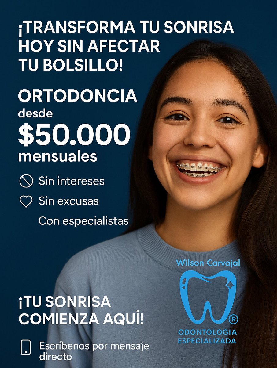 WilsonC_Odonto's tweet photo. 🦷 ¡Transforma tu sonrisa HOY sin afectar tu bolsillo! 😁✨
🦷 Ortodoncia desde $50.000 mensuales

📉 Sin intereses • 📆 Sin excusas • 💙 Con especialistas

📍En Wilson Carvajal Odontología Especializada
🔵 ¡Tu sonrisa comienza aquí!

📲 Escríbenos por mensaje directo 📥 https://t.co/NYn3cPuKh0