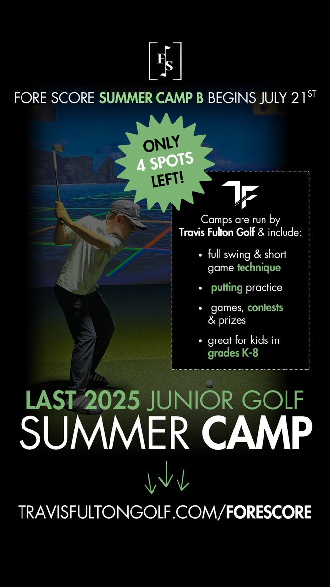 Last #summercamp of the year begins July 21st <a href="/ForeScoreJax/">Fore Score Golf Tavern</a> in Gate Parkway.

Only 4 spots left! BOOK BELOW👇
bookeo.com/travisfultongo…

#juniorgolf #summer2025 #jax #jacksonville #jacksonvilleflorida #nocatee #PonteVedra #jaxmoms