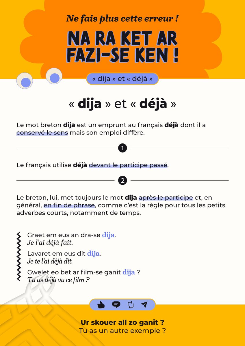 Na ra ket ar fazi ken ! Ne fais plus cette erreur ! 

📢  Douetañs az peus diwar-benn ur reolenn yezhadur, ur ger pe ur  stagell e brezhoneg ? 
📢  Tu as des doutes sur une règle de grammaire, un mot ou une conjonction en breton ? 

🔗 desketa.bzh/lessons/levels…

#bzhg #Desketa