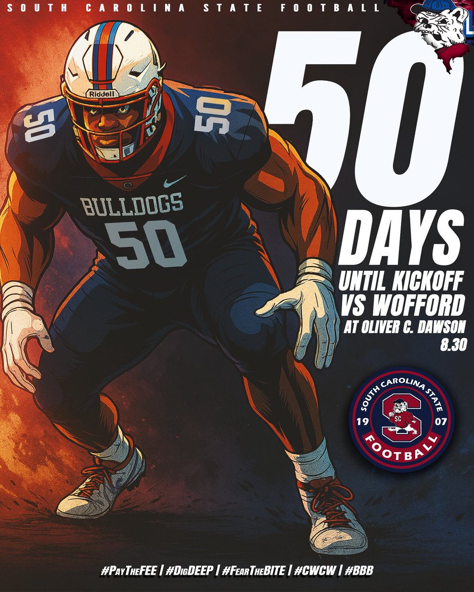 #GoDogs

In 50 Days your SC STATE FOOTBALL BULLDOGS will take the field for their FIRST GAME AT HOME to compete against <a href="/Wofford_FB/">Wofford Football</a> 

<a href="/SCStateAthletic/">SC State Athletics</a> <a href="/MEACSports/">Mid-Eastern Athletic Conference</a> <a href="/coachberry77/">Chennis Berry</a> 
#PayTheFEE
#DigDEEP
#FearTheBITE
#CWCW
#BBB
🔴🔵🐶🏈