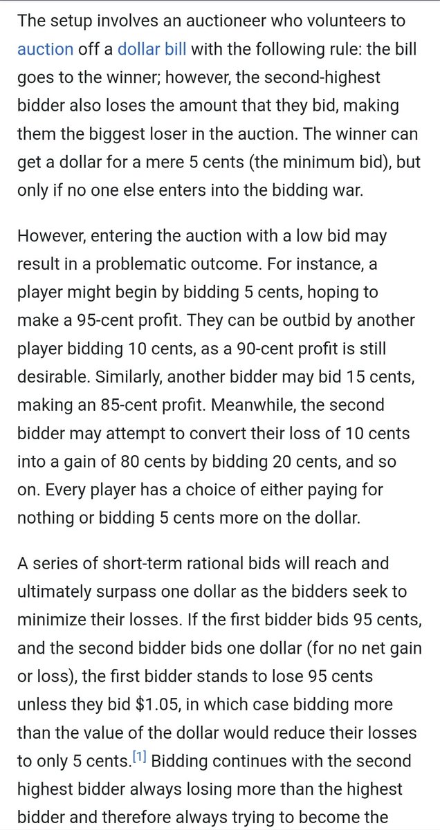 DavidSHolz's tweet image. the "dollar bill auction" is a scary concept for zero-sum economic games. a lot of industries look like this right now. moving to new systems of coordination that prevent these phenomena will be a huge victory for this century.