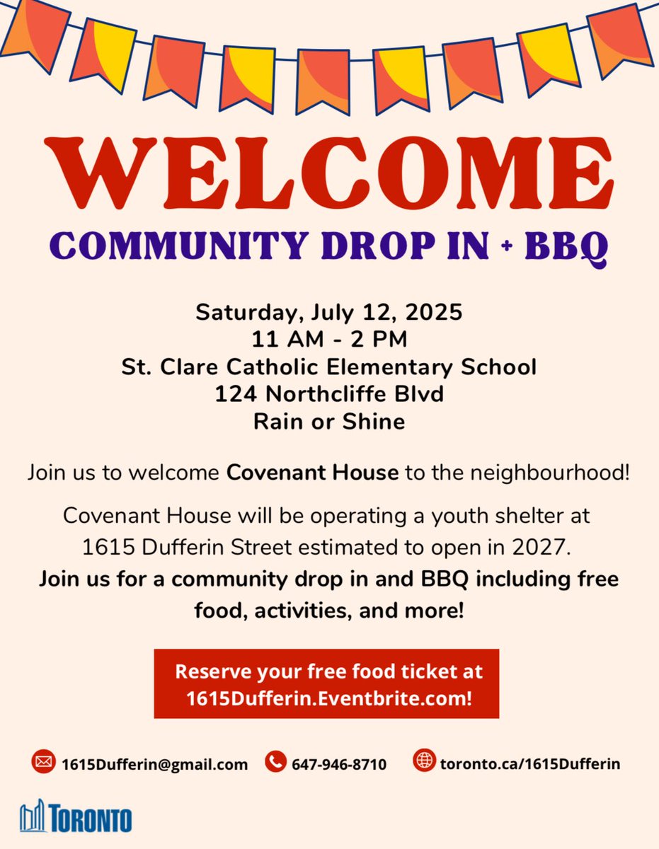 BravoDavenport's tweet image. Join us tomorrow for a Welcome BBQ & Community Drop In tomorrow at St. Clare Catholic Elementary School!
We’re welcoming @CovenantHouseTO as the operator of the youth shelter at 1615 Dufferin St. There will be free food, activities, and information!
🎟️: 1615Dufferin.Eventbrite.com