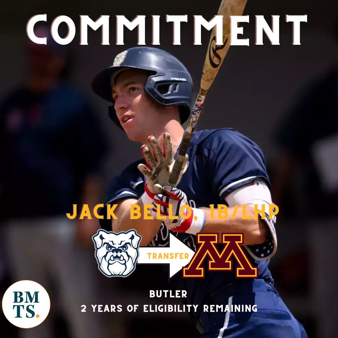 TonyLiebert's tweet photo. PORTAL: Butler transfer 1B/LHP Jack Bello (@JackBello19) has verbally committed to Minnesota.

Began his career at Air Force. He hit .361 last season with 7 HRs and 45 RBIs in 194 at-bats. Big-time pickup for Ty McDevitt and his staff. https://t.co/WspkNcABH0