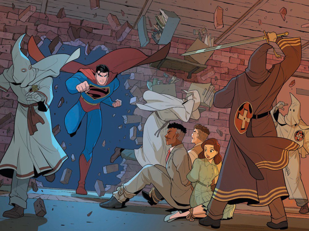 SurrealWolf_98's tweet photo. “Superman is woke, they ruined him. ” -literally any person that’s never picked up a comic book. And yes this is from an actual comic book called Superman Smashes the Klan. Go read it #Superman #SUPERWOKE https://t.co/kcXD3LV4Av
