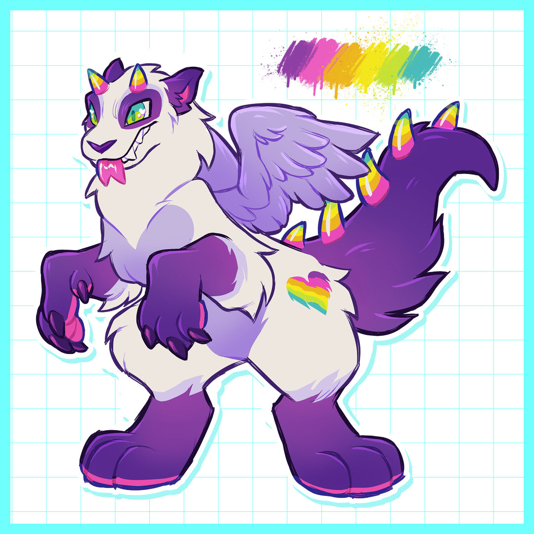 🎨🌈✨ Panda Painter Dragon Adopt ✨ 🌈🎨 
I've been on a kick of making dragons inspired by Lisa Frank, no idea where this came from but having fun  
it's ufa on my toyhouse, 🔗in reply ⬇️
