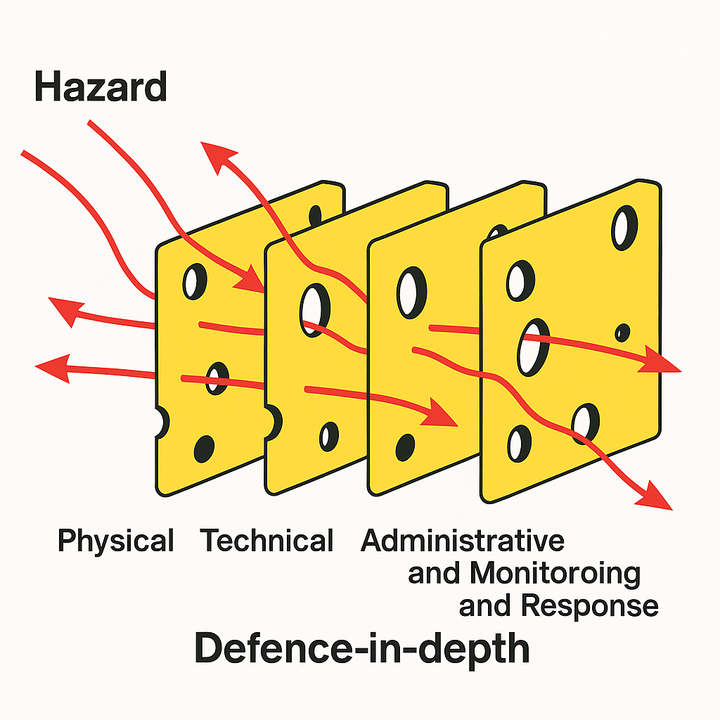 MariusHobbhahn's tweet image. I've asked o3 to help me make a "defense in depth" Swiss cheese diagram, and it's funny on so many levels.